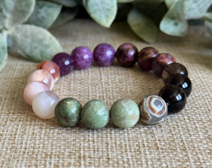 Happy (Chunky) | ~  Smoky Quartz ~ Sakura Agate ~ Lepidolite ~ Lepidolite in Bronzite ~ Chrysoprase