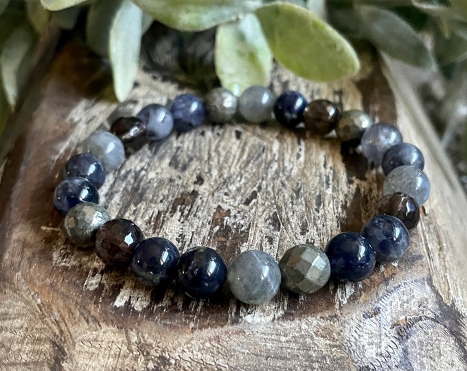 Safe Travels + Journeys Bracelet | Smoky Quartz, Iolite, Pyrite, Labradorite | Mala Yoga Bracelet