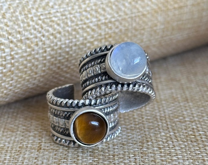 Rope & Bead Adjustable Ring | Tigers Eye, Labradorite or Moonstone