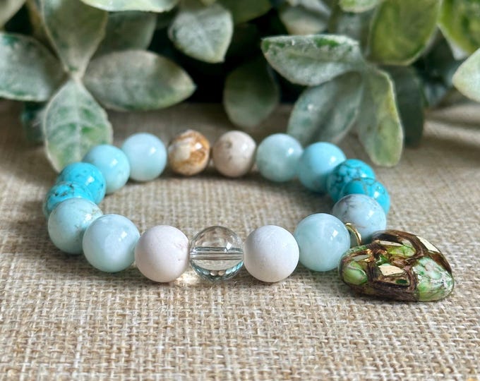 Sea Glass Bracelet (Chunky | Turquoise, Moonstone Gemstone Bracelet, Beach Bracelet, Dendritic Opal, Clear Quartz, Heart Charm