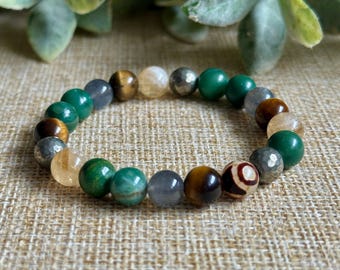 Creating Prosperity Gemstone Bracelet | Tigers Eye, Citrine, Jade & Pyrite | Wealth Crystal Bracelet Men and Women