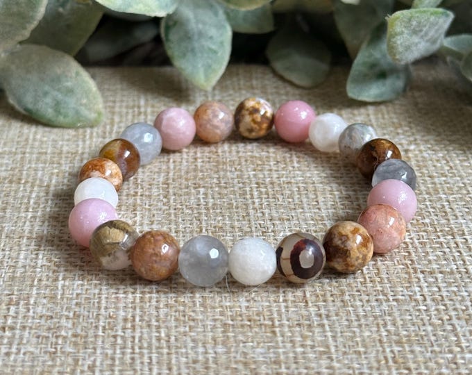 Serene Soul | Moss Agate, Pink Opal, Grey Quartz, Moonstone, DZI Agate