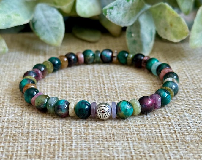 Nova Chakra Bracelet | Peacock Tiger Eye Bracelet, Tourmaline Bracelet, Evil Eye Bracelet, Colorful Beaded Bracelet