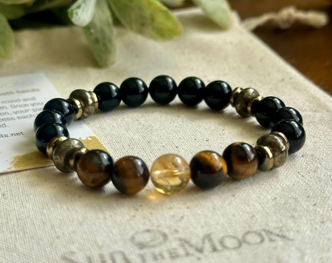 Confidence, Strength & Success Bracelet | Citrine, Pyrite, Tiger Eye, Black Onyx | Gemstone Crystal Bracelet Men and Women