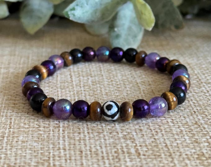 Protected Peace Bracelet (Mini) | Unisex, Purple Hematite, Mystic Amethyst, Black Tourmaline, Tigers Eye