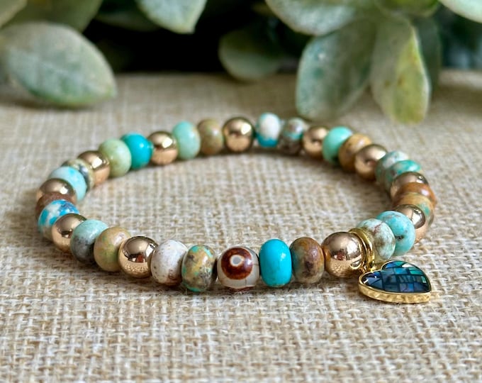 Turquoise & Gold Hematite Bracelet, Protection, Confidence, Clear Thinking, Evil Eye, Abalone Heart Charm