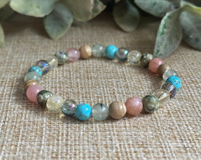 Peaceful Path Mini | Turquoise, Prehnite, Citrine, Wood Jasper, Peach Moonstone, Rhyolite, Aura Quartz