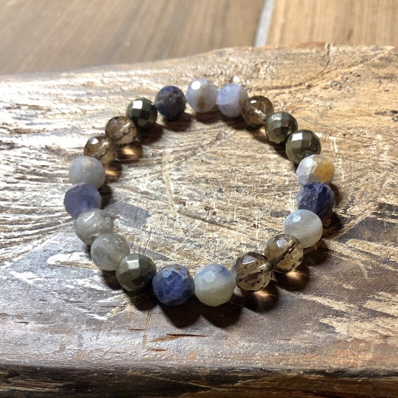 Iolite Safe Travels Smoky Quartz Labradorite Pyrite Mala Yoga Bracelet Journeys Bracelet