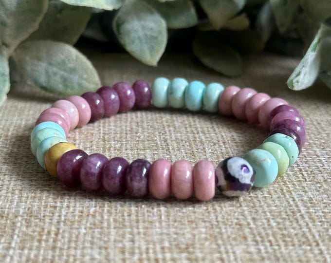 Happy Place Bracelet | Rhodonite, Lepidolite, Turquoise Bracelet | Joy & Positive Energy Crystal Bracelet