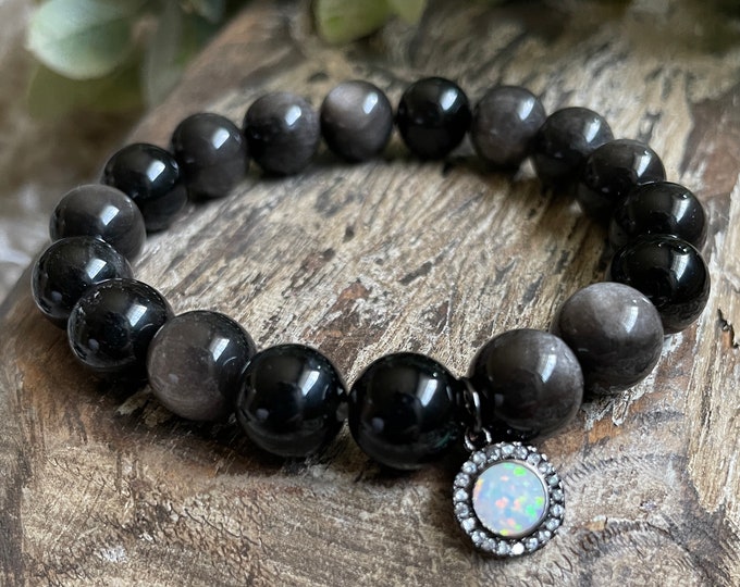 Full Moon Bracelet | Silver Sheen Obsidian + Opal Full Moon Charm