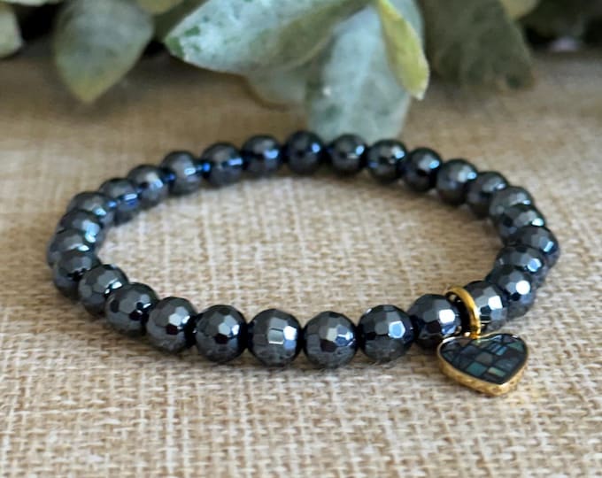 Mystic Black Onyx Bracelet with Optional Abalone Heart Charm