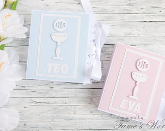 Gepersonaliseerde Heilige Communie Boekkaart, Heilige Communie kaart, Frist Communie Kaart, Kaart in een Boek, Boekkaart Box, Bookcard