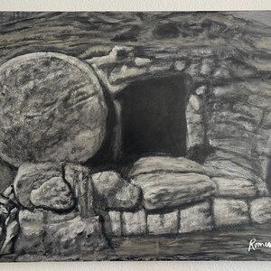 May include: A grayscale painting depicts a stone tomb with a large, round stone rolled away from the entrance. The artwork features a dark, cavernous opening and rough-hewn stone blocks, with the artist's signature in the lower right corner.