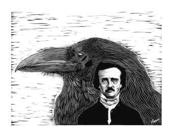 May include: Black and white illustration featuring a large raven behind a portrait of Edgar Allan Poe. The raven's feathers are detailed, and Poe is depicted with a stern expression, wearing a dark coat and white scarf. The background has horizontal lines.