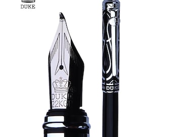 Duke Noble Ruby Metal Fountain Pen Iridium Medium Nib Black-Silver Cap Ink Pen 