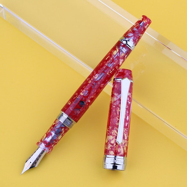 New Penbbs 456 Red Acrylic Vacuum Filling Fountain Pen, Silver Trim Iridium Fine Nib Writing Pen Gift Case Set
