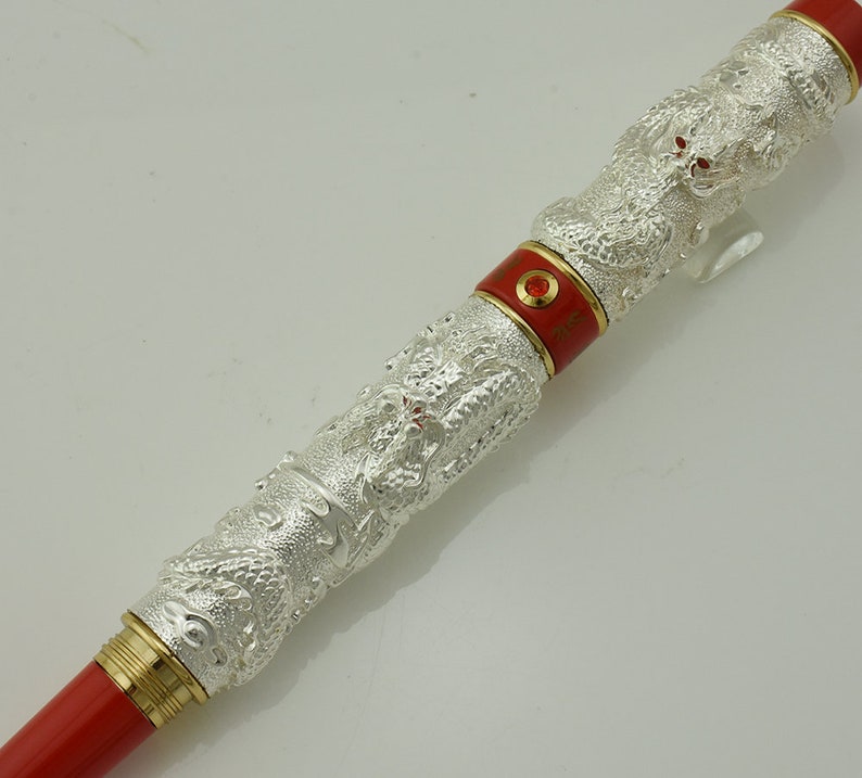 Jinhao Dragon Fountain Pen Silver Color Medium Nib Vintage Pens Calligraphy Pen