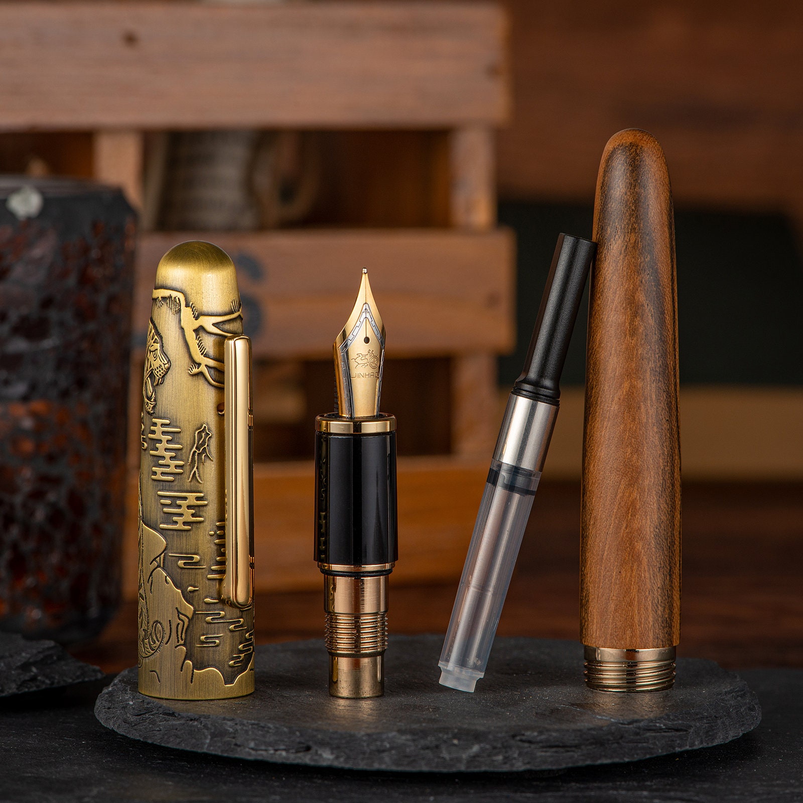 Jinhao 9056 Wood Fountain Pen Tiger Carving Cap , Ef/f/m Jinhao 9056 Wood Fountain Pen Tiger Carving Cap , Ef/f/m