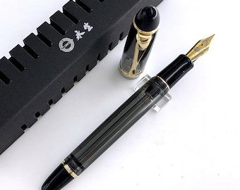 Wingsung 699 Vaccum Filling Fountain Pen, Translucent Black Acrylic Gold Clip Writing Pen,  Extra Fine/Fine/ Medium Nib Ink Pen