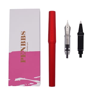 PENBBS 350 Red Aluminum Fountain Pen, Fine Nib Smooth Writing with Storage Box and Ballpoint Pen Nib, Alloy Vintage Pens