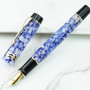 Majohn M600S blauw marmer acryl vulpen, Iridium EF / F / M / gebogen penpunt / 3 nibs gold trim kerstcadeau schrijfpen