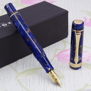 Pluma estilográfica de resina azul LIY (Vive en ti), pluma Schmidt de punta fina, escritura suave, estuche vintage.