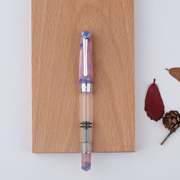 PENBBS 309 Transparent Resin Piston Fountain Pen, Fine Nib 0.5mm Calligraphy Pen #8 Pink