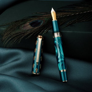 Hongdian N7 Blue Peacock Resin Piston Vulpen, Iridium EF/F/M/Lange Mespunt/Lange Mespunt Klassieke Pen