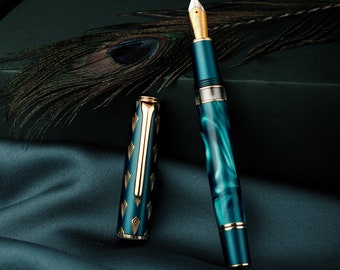 Hongdian N7 Blue Peacock Resin Piston Fountain Pen, Iridium EF/F/M/ Long Blade Nib/ Long Knife Nib Classic Pen