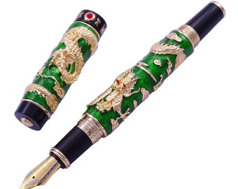 Jinhao Double Dragon Fountain pen EF/F/M/Bent Nib, Noble Green Cloisonne Enamel Craft Calligraphy Pen, Gift Writing Pen