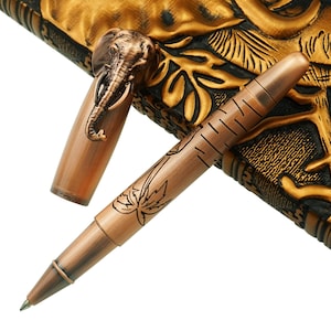 Fuliwen Red Copper Elephant Rollerball Pen, Elephant Embossed Notebook Journal Set