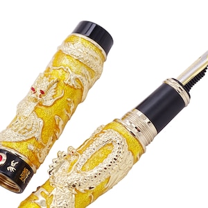 Jinhao Gold Cloisonne Enamel Double Dragon Fountain Pen, EF/F/M/Bent Nib Calligraphy Pen