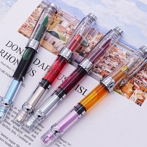 Wing Sung 3008A versilberter Kolbenfüllfederhalter, F-Feder Transparent Silver Trim 4 Farben Set, Exekutive Stifte für Signatur und Sammlung