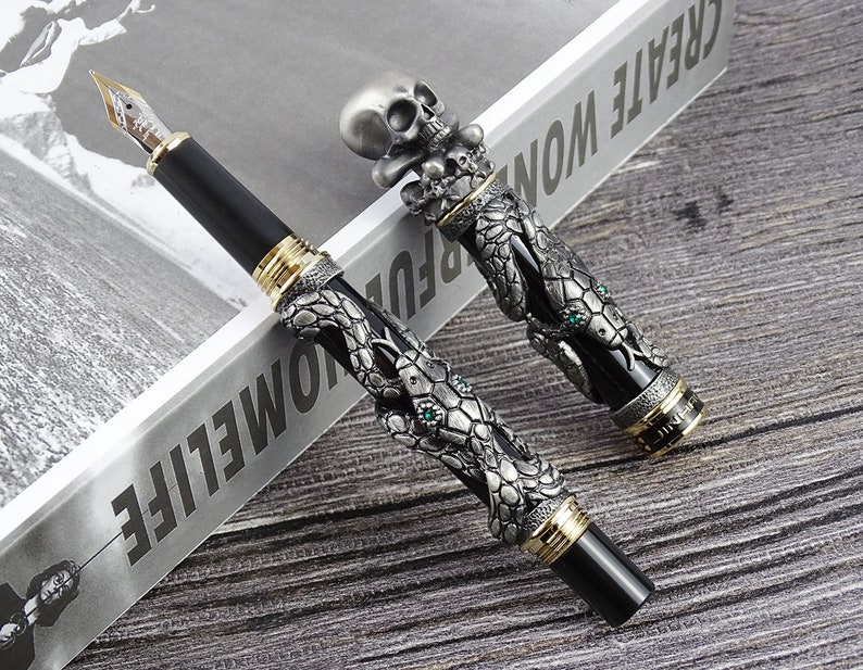 Jinhao Black/silver Snake Fountain Pen With Skull Head Solid Etsy