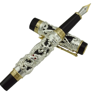 Jinhao Silver Dragon Phoenix Stylo Plume, Iridium EF / F / M / Bent Nib vintage Pen, Heavy Luck Clip Calligraphy Pen