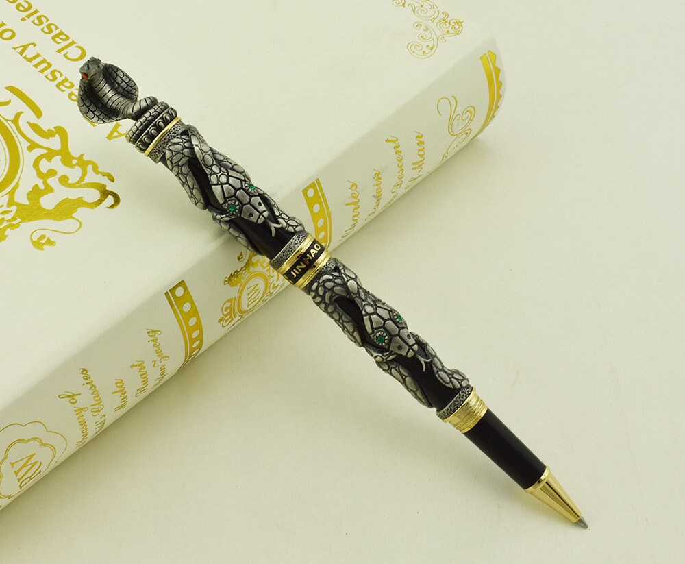 Jinhao Snake Tintenroller – Silberfarben Mit 3D-Schlangenprägung & Kristall-Augen, Inkl. Stifttasche
