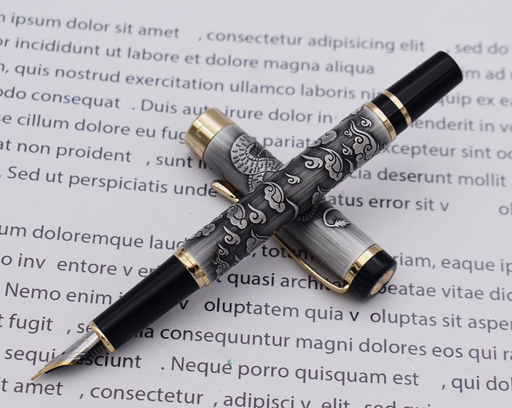 Jinhao Ancient Dragon Fountain Pen and Roller Pen Set Gray Color Gift Box 