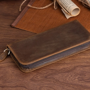 Vintage leren vulpenetui 3 sleuven, etui met ritssluiting, handgemaakte displayhouder voor rollerball