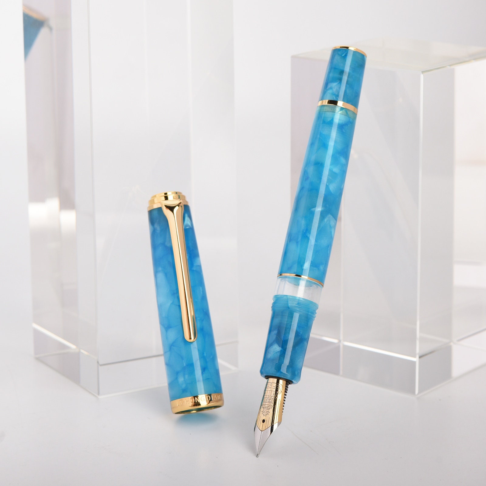 Hongdian N7 Piston Fountain Pen – Green Resin, Stainless Steel EF/F Nib, Gold Trim, Smooth Writing, Gift-Ready