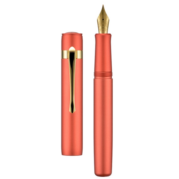 Mini Penna Stilografica Tascabile In Acrilico Arancione - Pennino Curvo, Include Convertitore