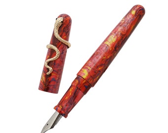 Fuliwen 017 Red Marble Resin Fountain Pen, Handmade Snake Ring Medium Nib Writing Gift Pen