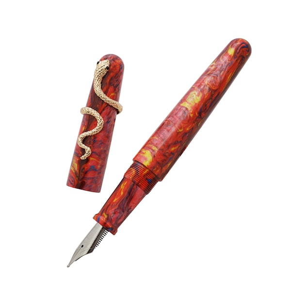 Stylo plume Fuliwen 017 en résine, marbre rouge, anneau serpent fait main, plume moyenne, stylo cadeau d'écriture
