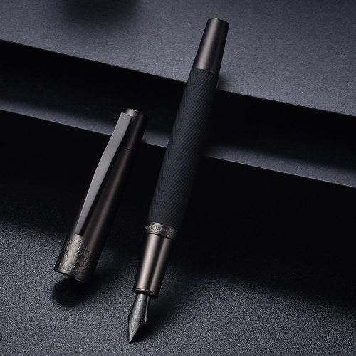 Senior General Ink Converter Pen Metal Box by Hongdian Pure Black Solid Metal 6013 Fountain Pen Fine Nib 
