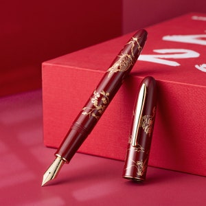 Hongdian N23 Fountain Pen Rabbit Year Metal Pen, Iridium Extra Fine/ Long Knife/ Long Blade Medium Nib Classic Pen Red
