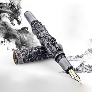 Jinhao Dragon Fountain Pen, Gray Steel Metal EF/F/M/Bent Nib Vintage Pens, Double Dragon Playing Pearl Calligraphy Pen