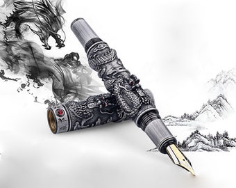 Jinhao Dragon Fountain Pen, Gray Steel Metal EF/F/M/Bent Nib Vintage Pens, Double Dragon Playing Pearl Calligraphy Pen