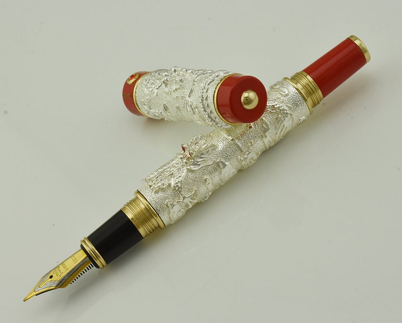 Jinhao Dragon Fountain Pen Silver Color Medium Nib Vintage Pens Calligraphy Pen