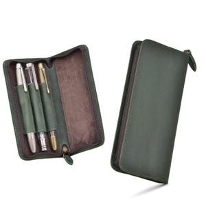 Vintage Leather Fountain Pen Case 3 Divided Slots, Zippered Pen Case Pouch, Handmade Display Holder for fountain Pen