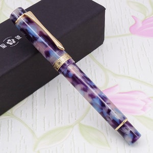 LIY ( Live In You) Purple Marble Fountain Pen, Schmidt Fine Nib Smooth Writing Gift Pen, Vintage Pen Case Set