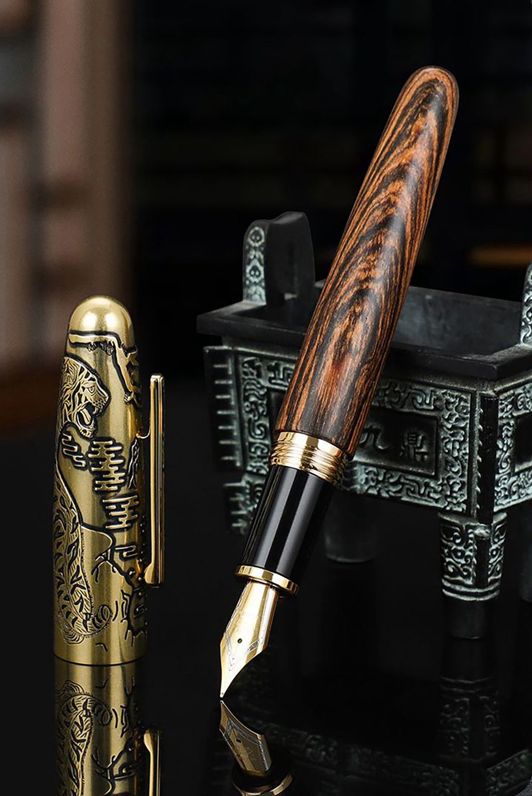 Jinhao 9056 Wood Fountain Pen Tiger Carving Cap , Ef/f/m/bent Nib